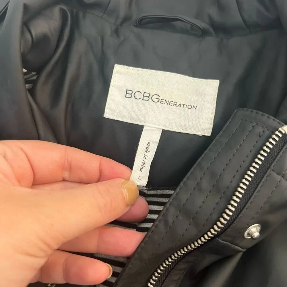 BCBGeneration Black Full Zip Hooded Lined Leather Look Jacket Size Large - Picture 9 of 10